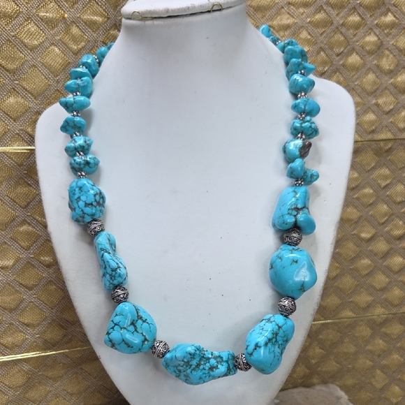 Genuine Turquoise and Sterling Silver Beaded Necklace - Picture 3 of 10